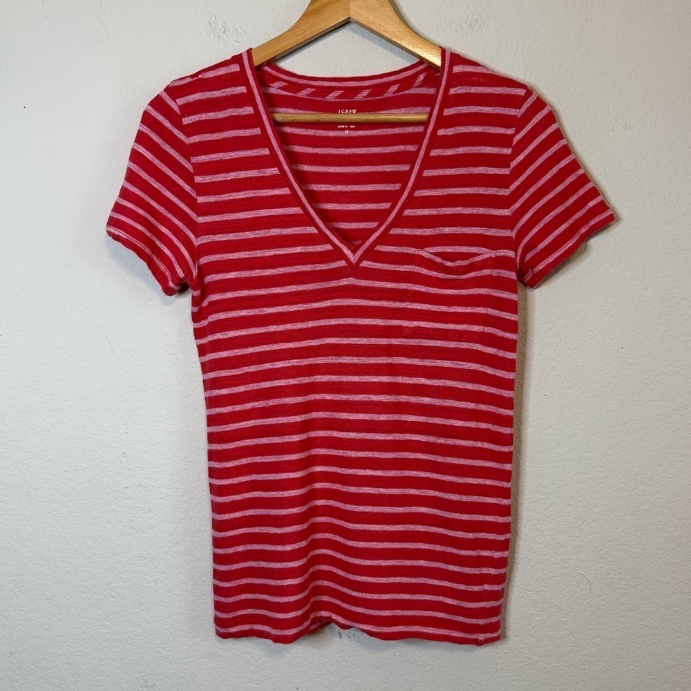 J Crew Pink Red Linen V Neck Short Sleeve Pocket Front Shirt Tee Size Med F1532